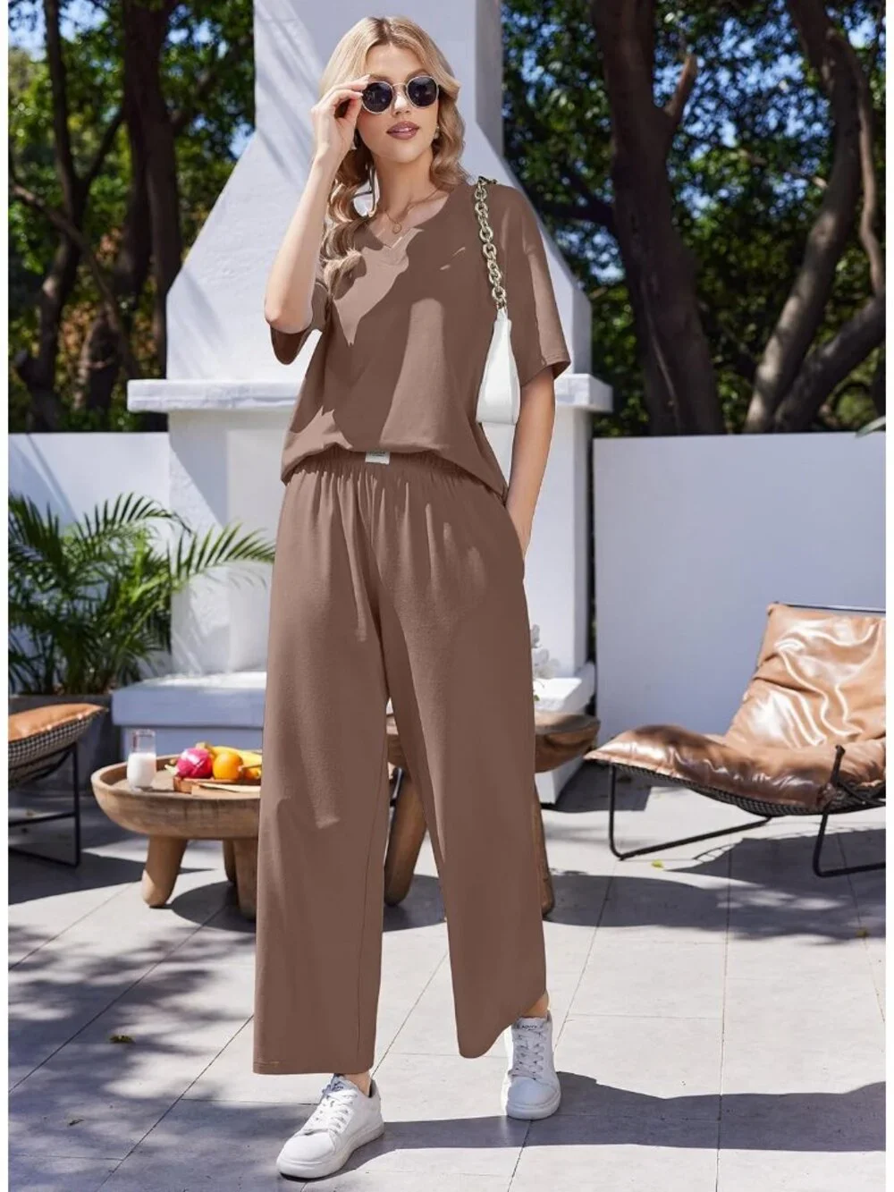 Women's Brown Cotton Short Sleeve Sleepwear Pant Pockets Pajama Set